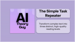 Purple infographic with two panels: left card reading 'AI Theory Guy' on a lavender gradient, right panel titled 'The Simple Task Repeater' and a rounded box below stating further reading levels text.