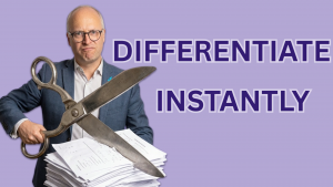 Man in a suit and glasses cuts a pile of papers with oversized scissors against a purple background.