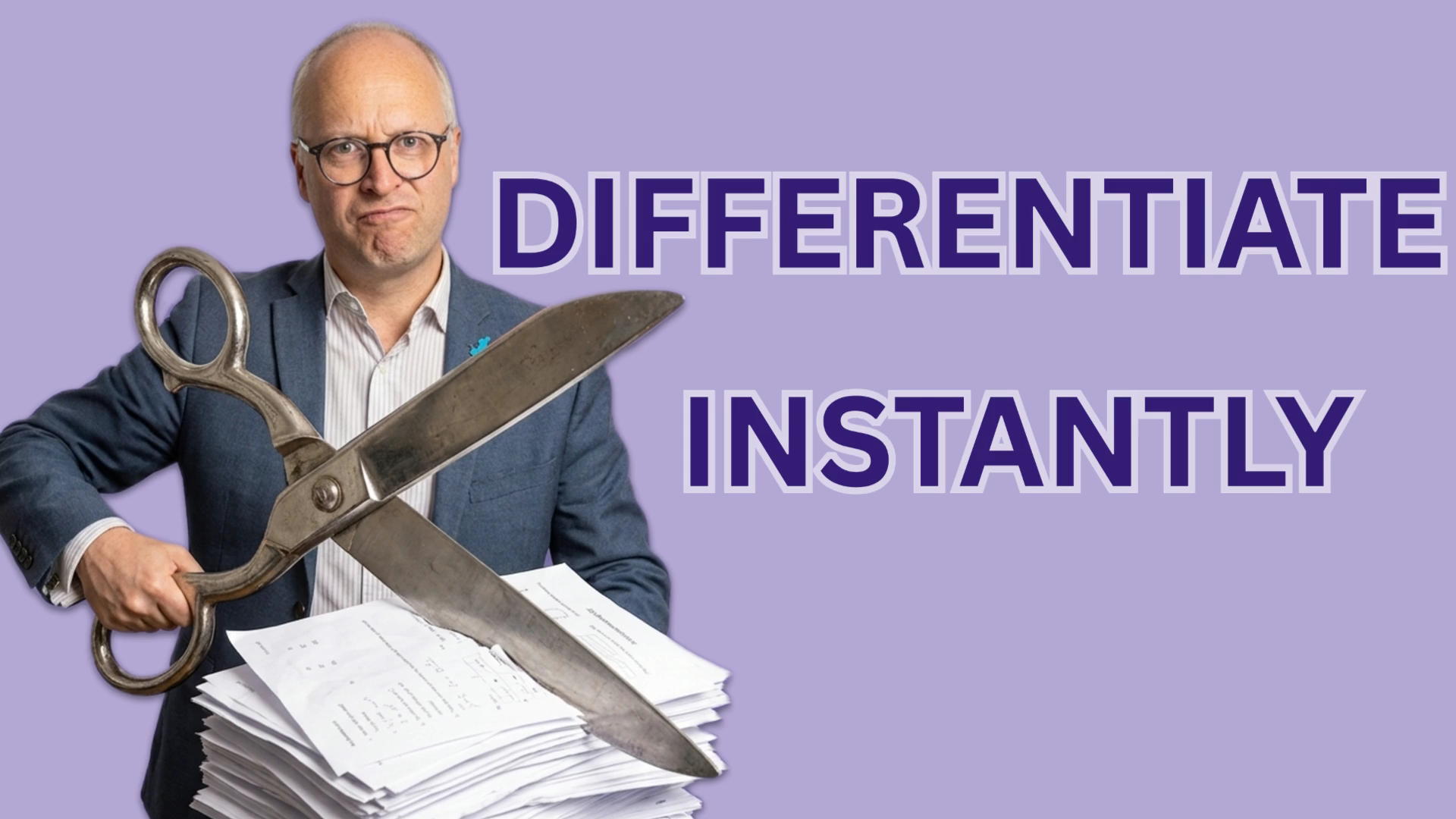 Man in a suit and glasses cuts a pile of papers with oversized scissors against a purple background.