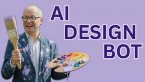 Smiling man in a paint-splattered suit holds a brush and palette against a purple background with AI DESIGN BOT text behind him.