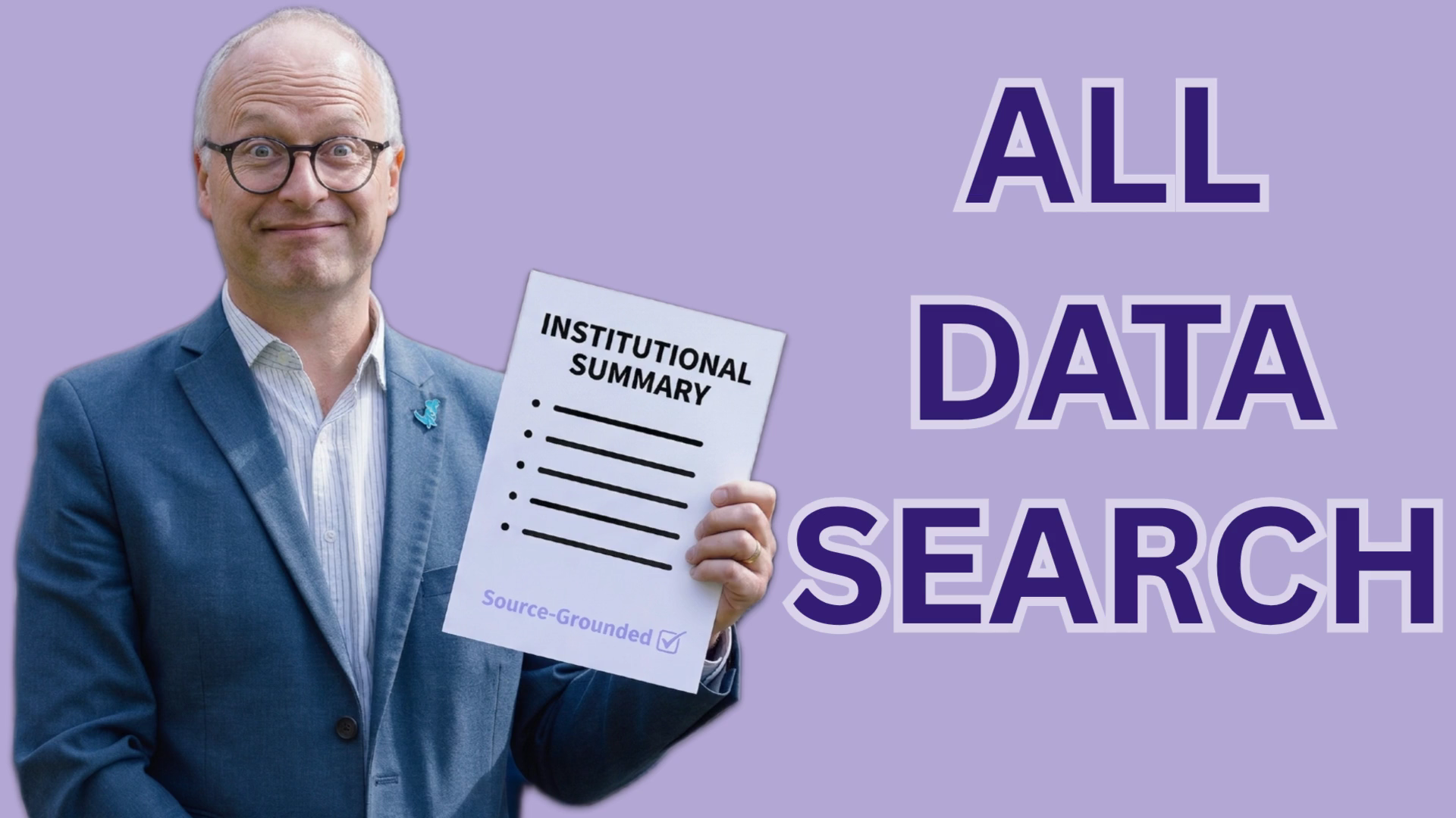 Smiling man in a blue suit holds a report titled Institutional Summary on a purple background with bold 'ALL DATA SEARCH' text.