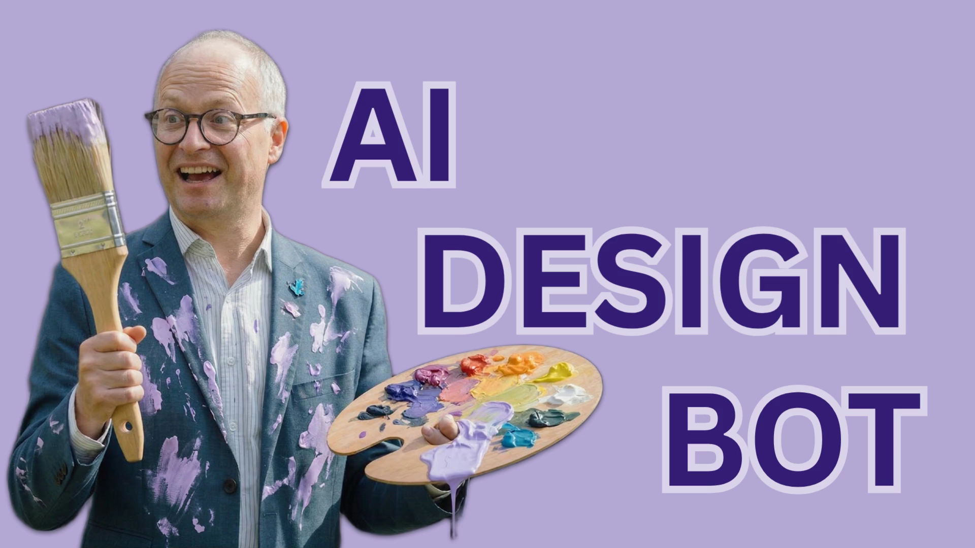 Man wearing a paint-splattered suit holds a brush and palette against a purple background with large 'AI DESIGN BOT' text (informative banner).