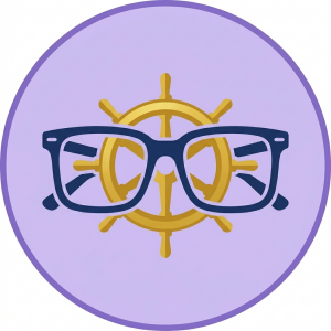 Circular purple badge with a yellow ship wheel behind a pair of dark blue glasses, centered image suggestion a nautical-themed eyewear motif.