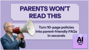 Banner-style image promoting parent-friendly FAQs: man with megaphone and bold text on a purple background