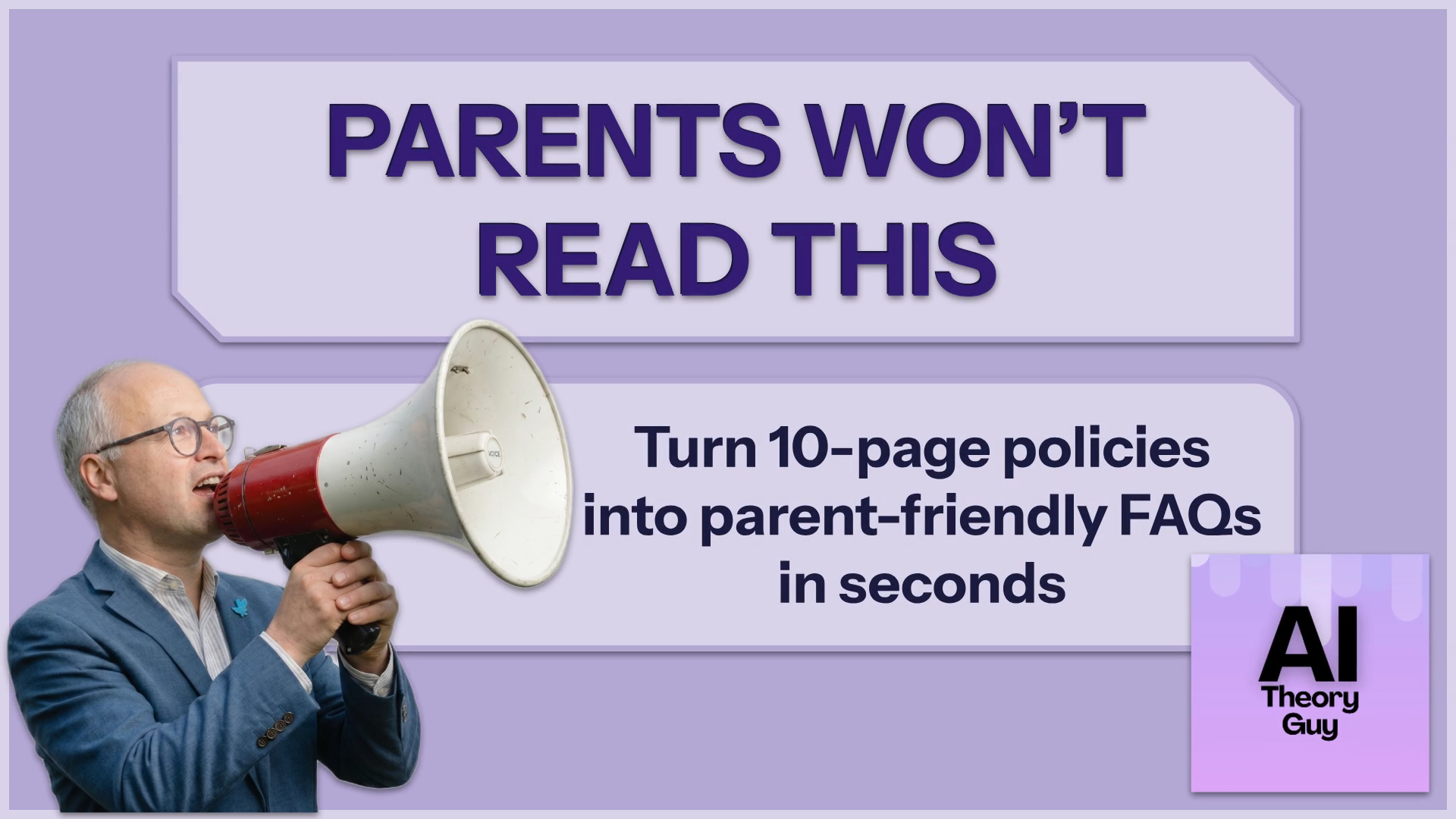 Banner-style image promoting parent-friendly FAQs: man with megaphone and bold text on a purple background